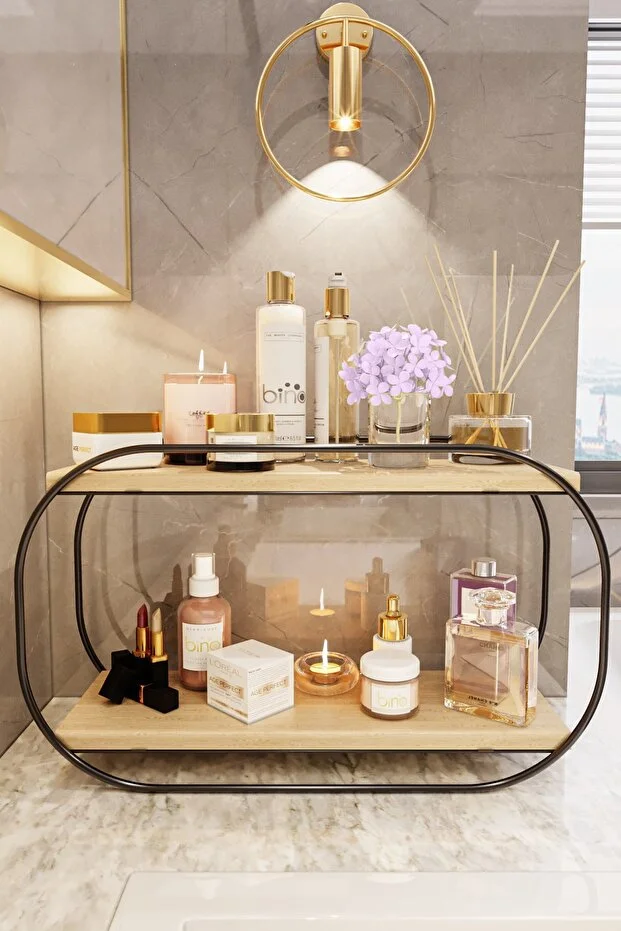 Çok Amaçlı Düzenleyici Oval Raf Ahşap Masaüstü Banyo Mutfak Rafı Takı Ve Makyaj Organizeri